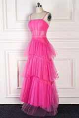 Princess Long Hot Pink Prom Dresses Ruffle 2024 Tiered Formal Dress Spaghetti Straps