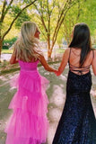 Princess Long Hot Pink Prom Dresses Ruffle Tulle Tiered Formal Dress Spaghetti Straps