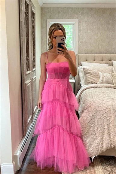 Long Hot Pink Prom Dresses Corset