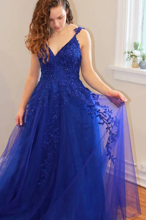 Princess Long V Neck Dark Blue Prom Dress Lace Appliques Formal Gowns ...