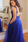 Princess Long V Neck Dark Blue Prom Dress Lace Appliques Formal Gowns