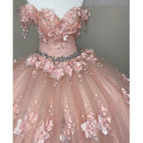 Princess Off the Shoulder Beaded 3D Flowers Pink Quinceanera Dresses Ball Gown