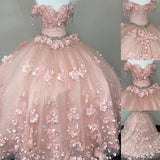 Princess Off the Shoulder Beaded 3D Flowers Pink Quinceanera Dresses Ball Gown