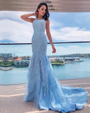 Sexy Mermaid Light Blue Lace Prom Dresses Open Back