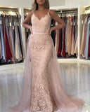 V Neck Long Mermaid Pink Lace Prom Dresses Open Back