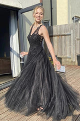Black Lace Long PromDresses 2024 Tulle V Neck A Line Formal Dresses