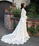 A-Line Lace Boho Puff sleeve Wedding Dress Backless Bohemian Bride Dress