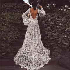 A-Line Lace Boho Puff sleeve Wedding Dress Backless Bohemian Bride Dress