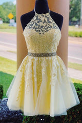 Purple Lace Homecoming Dresses Beaded Halter Hoco Dress MyChicDress