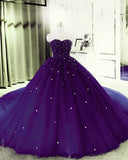 Sweetheart Crystals Prom Dresses Ball Gown Beaded Purple Quinceanera Dresses