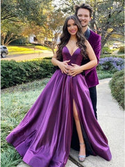 A-Line Long Purple Prom Dresses V neck Satin Evening Gown