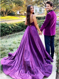 A-Line Long Purple Prom Dresses V neck Satin Evening Gown