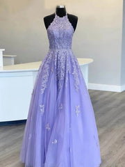 Hot 2024 Halter Purple Prom Dresses Lace Long Graduation Evening Dresses