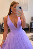Purple Layered Prom Dresses 2024 Ruffle Plunging Deep V-Neck Tiered Evening Dress