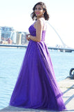 Hot Purple Pearls Tulle Prom Dresses Cheap Long A Line Evening Gowns