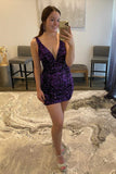 Purple Sequins Deep V Neck Tight Homecoming Dress Mini Prom Dress