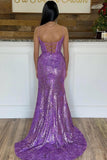 Purple Sequins Prom Dresses Mermaid Lace Long Formal Dress Spaghetti Straps