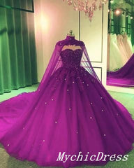 2024 Crystals Purple Ball Gown Prom Dresses with Cape Sweet 16 Quinceanera Dress