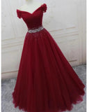 Off the Shoulder Tulle Beaded Long Red Prom Dresses Lace Up