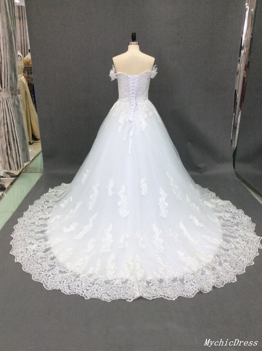 Real Lace Vintage Wedding Dresses UK A Line Off the Shoulder Bridal Gowns MyChicDress