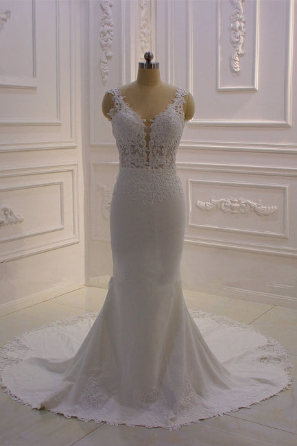 Real Long Vintage Lace Wedding Dresses Mermaid Sleeveless Bridal Gowns MyChicDress