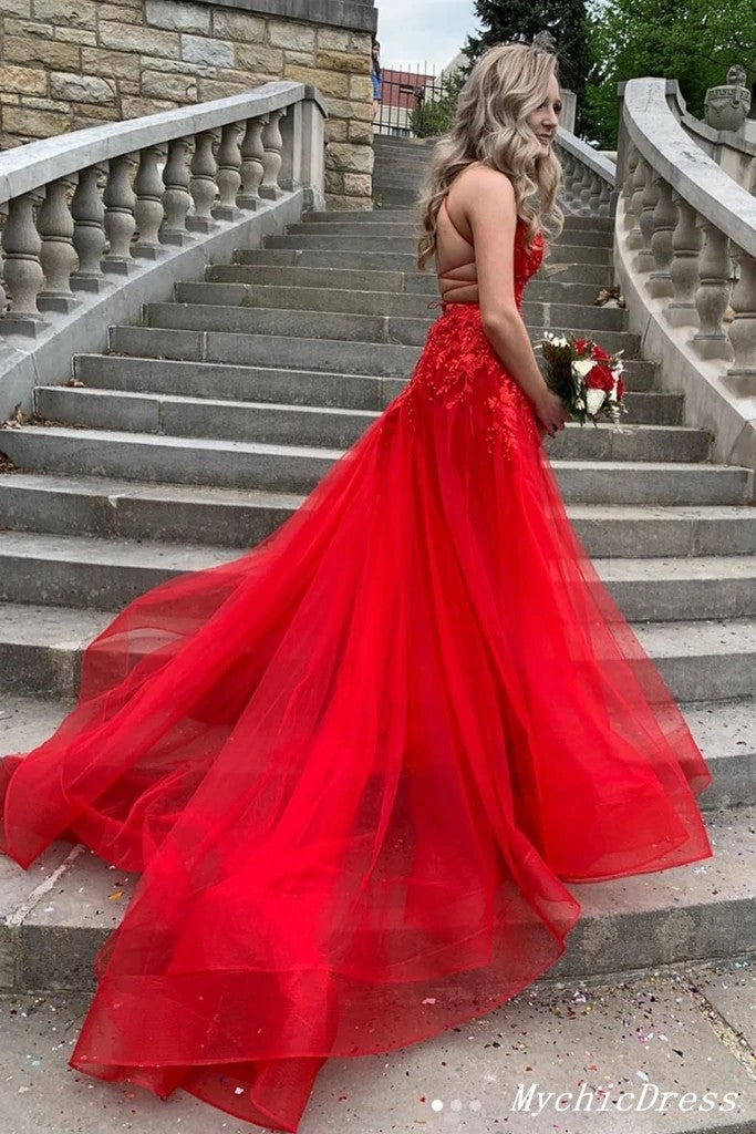 Red Lace Prom Dresses 2025 Cheap V Neck A Line Tulle Evening Gowns