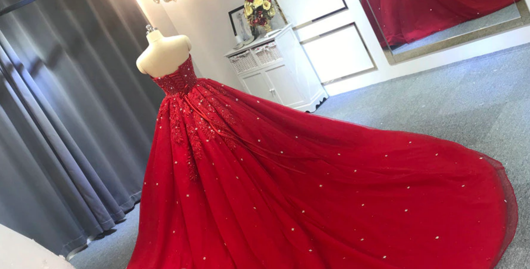 Red Maroon Princess Ball Gown Tulle Wedding Dress Red Prom Dress