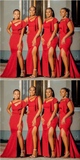Cheap African Red Bridesmaid Dresses Mermaid Side Slit Long Wedding Party Dress