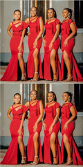 Cheap African Red Bridesmaid Dresses Mermaid Side Slit Long Wedding Party Dress