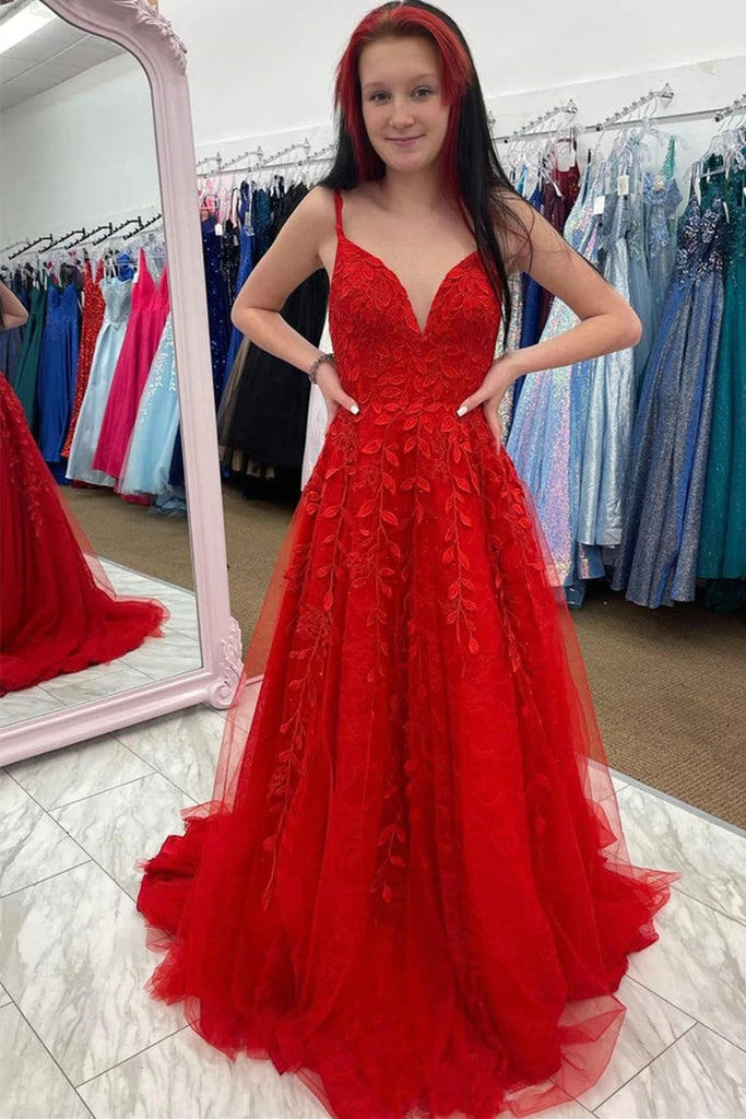 V Neck Lace Red Prom Dresses UK A Line Long Evening Gowns – MyChicDress