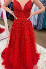 V Neck Lace Red Prom Dresses UK A Line Long Evening Gowns