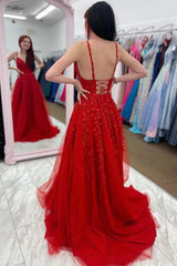 V Neck Lace Red Prom Dresses UK A Line Long Evening Gowns