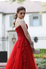 Gorgeous Long Red Lace Prom Dresses Sweetheart Strapless Evening Gown