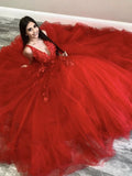 A Line Red Lace Floral Prom Dresses Tulle V Neck Long Evening Dress
