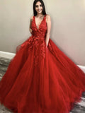 A Line Red Lace Floral Prom Dresses Tulle V Neck Long Evening Dress