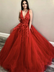 A Line 2024 Red Lace Floral Prom Dresses Tulle V Neck Long Evening Dress