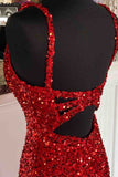 Red Mermaid Cheap Long Prom Gowns Side Slit V-Neck Formal Evening Dress