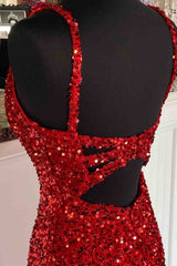 2024 Red Mermaid Cheap Long Prom Gowns Side Slit V-Neck Formal Evening Dress