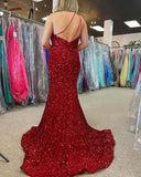 Red Plus Size Sequin Iridescent Prom Dresses One Shoulder Long Formal Dress Mermaid