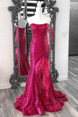 Red Plus Size Sequin Long Prom Dresses Mermaid Strapless Slit with Feather
