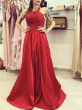 A-Line Lace Long Red Prom Dresses Sheath Halter Formal Graduation Dresses