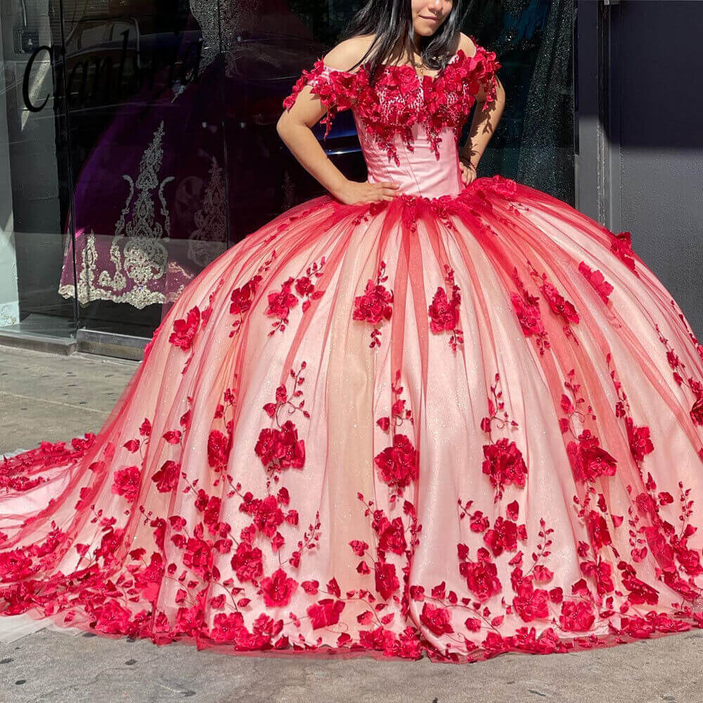 2024 Red Quinceanera Dresses Off The Shoulder 3D Flowers Sweet 16 Part –  MyChicDress