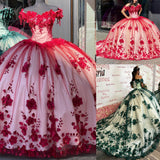 Red Quinceanera Dresses Off The Shoulder 3D Flowers Sweet 16 Party Dre ...