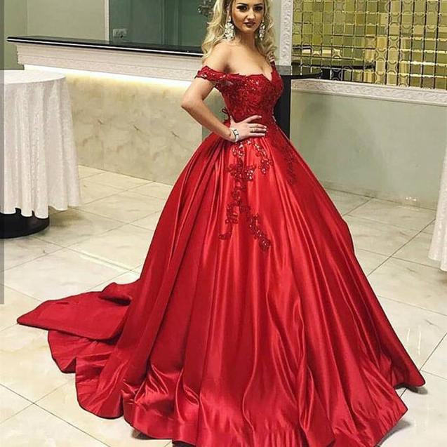 Satin Ball Gown Red Prom Dress Off Shoulder Sweetheart 16 Dresses ...