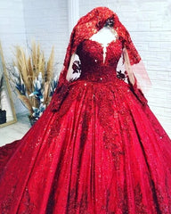 Ball Gown Long Sleeves Sequins Lace Red Wedding Dresses Gliter Quinceanera Dress