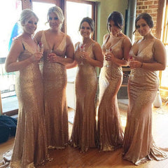 Long Sleeveless V Neck Sequin Rose Gold Bridesmaid Dresses with Train