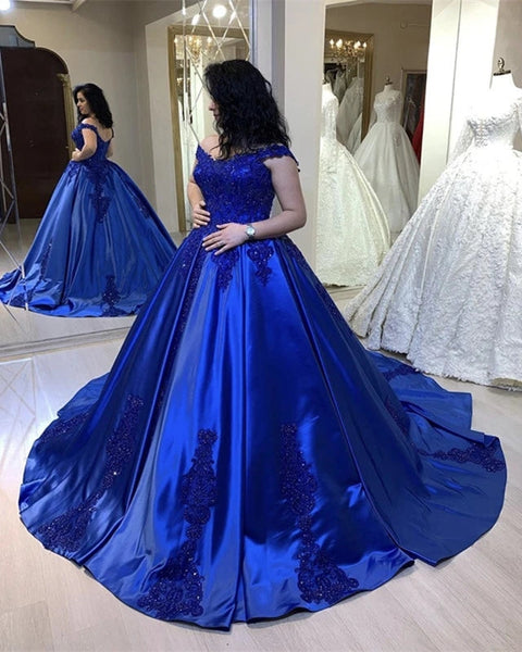 Vintage Royal Blue Satin Ball Gowns Wedding Dresses Lace Cap Sleeves | Satin  ball gown, Ball gowns, Ball gowns prom