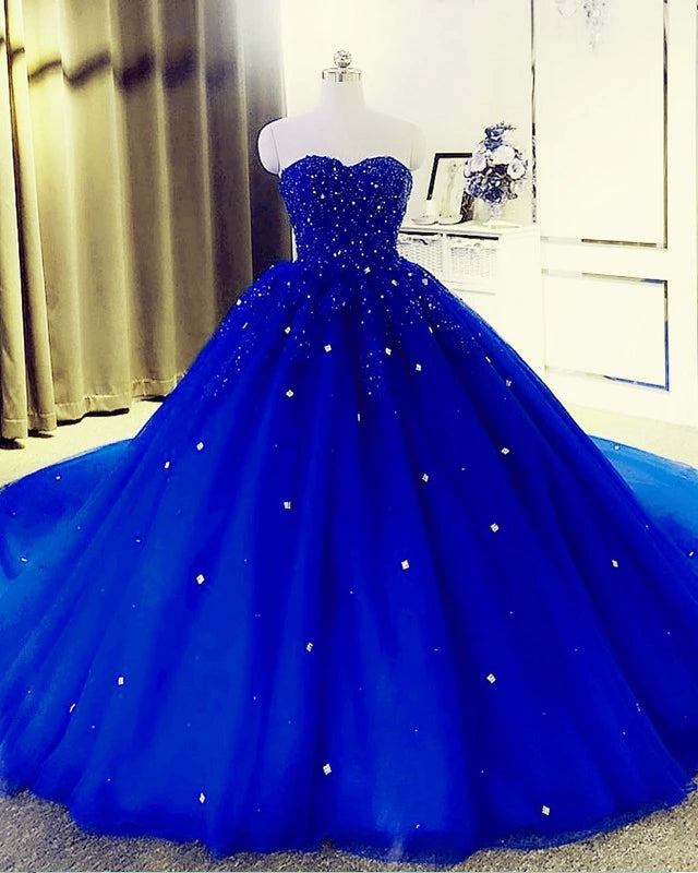 2024 Crystals Royal Blue Prom Dresses Ball Gown Beaded Sweetheart Quin ...