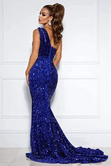 Royal Blue Prom Dress Sequined One Shoulder Mermaid Evening Dresses UK