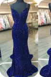 Royal Blue Sequin Beaded Mermaid Prom Dresses Spaghetti Straps